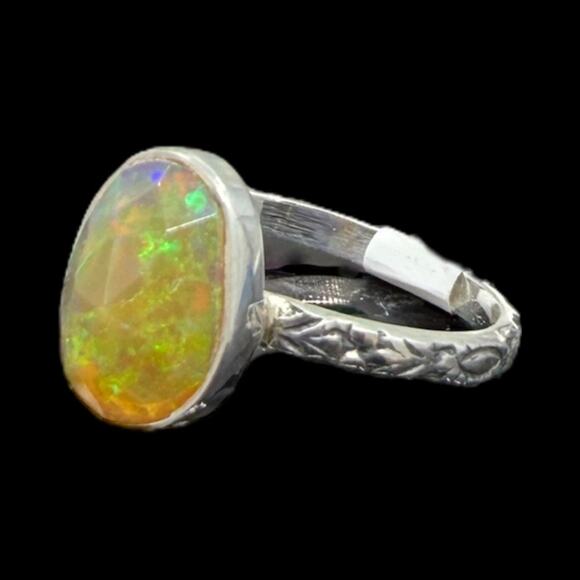 Rose Cut Oval Ethiopian Opal Ring 925 Sterling Silver Size 7 Carved Band - Picture 6 of 6